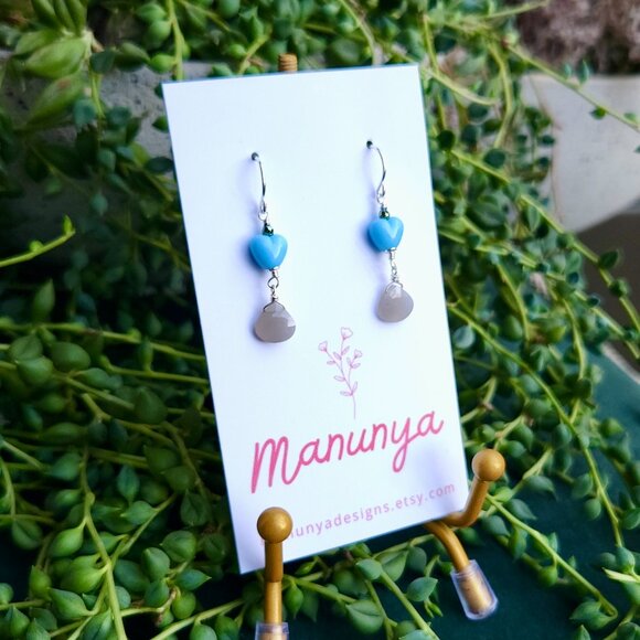 Heart Earrings with Semi-Precious Stones - Pink, Purple, Aqua, Blue - Picture 6 of 14